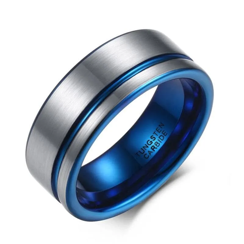 Men's 8mm Tungsten Carbide Wedding Band with Blue Line