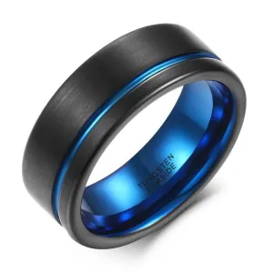 Men's 8mm Tungsten Carbide Wedding Band with Blue Line