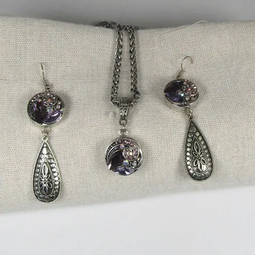 Multi-stone Purple Crystal & Rhinestone Pendant Necklace & Earrings