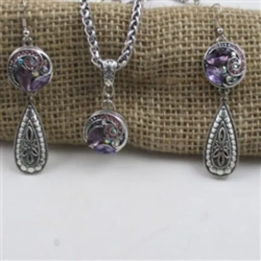 Multi-stone Purple Crystal & Rhinestone Pendant Necklace & Earrings