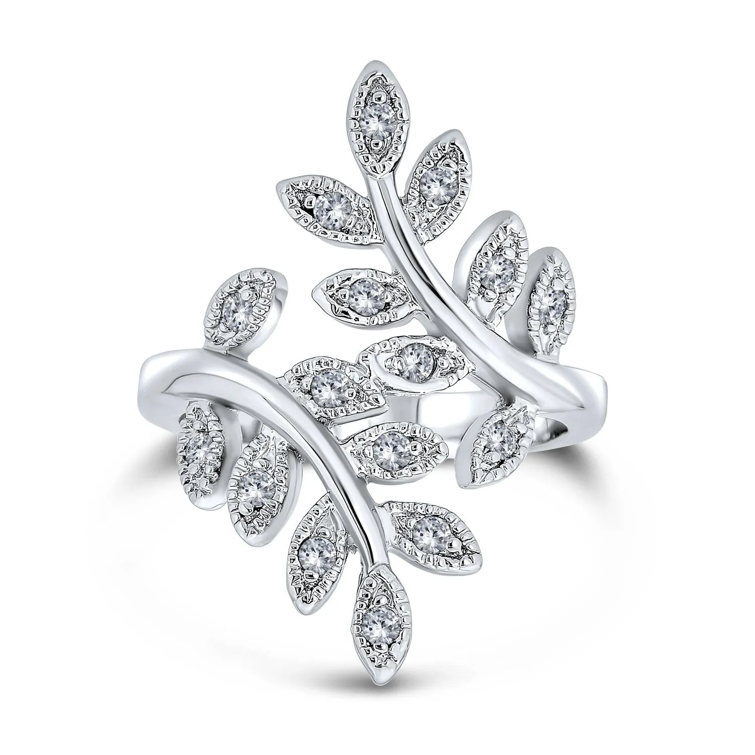 Nature Ivy Vine Leaf Cocktail Statement Ring with Cubic Zirconia Pave CZ Silver Plated