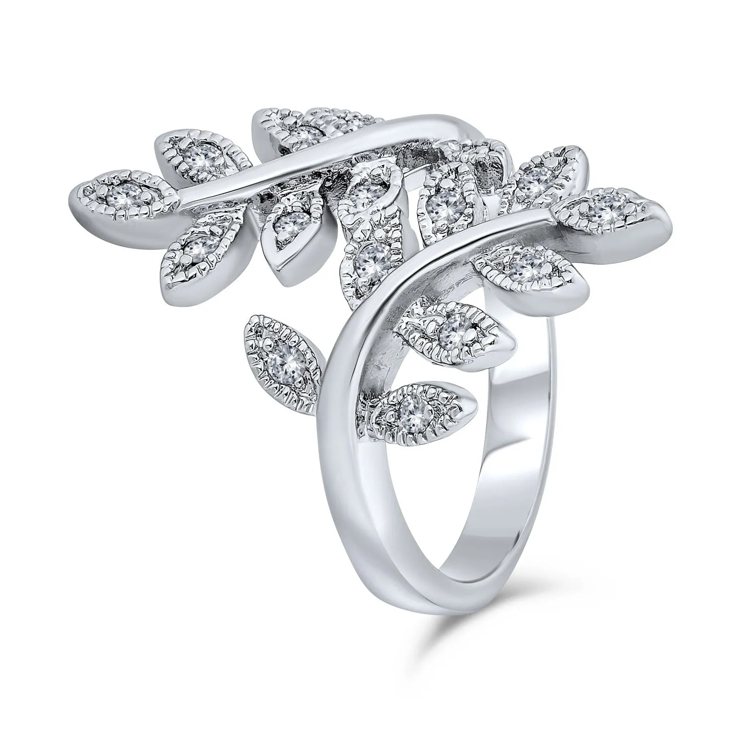 Nature Ivy Vine Leaf Cocktail Statement Ring with Cubic Zirconia Pave CZ Silver Plated