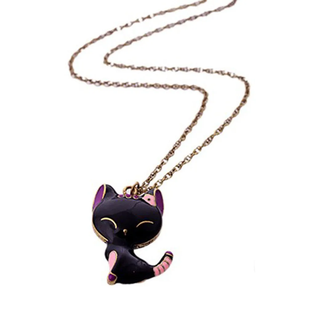 New Hot Alloy Style Gift Black Drip Paint Cat Pendants Necklace