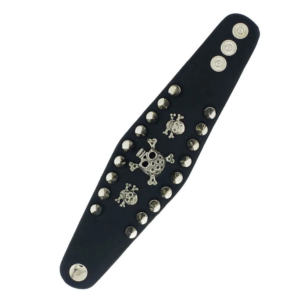 New Unique Rock Spikes Rivet Gothic Skeleton Skull Punk Biker Wide Cuff Leather Bracelet