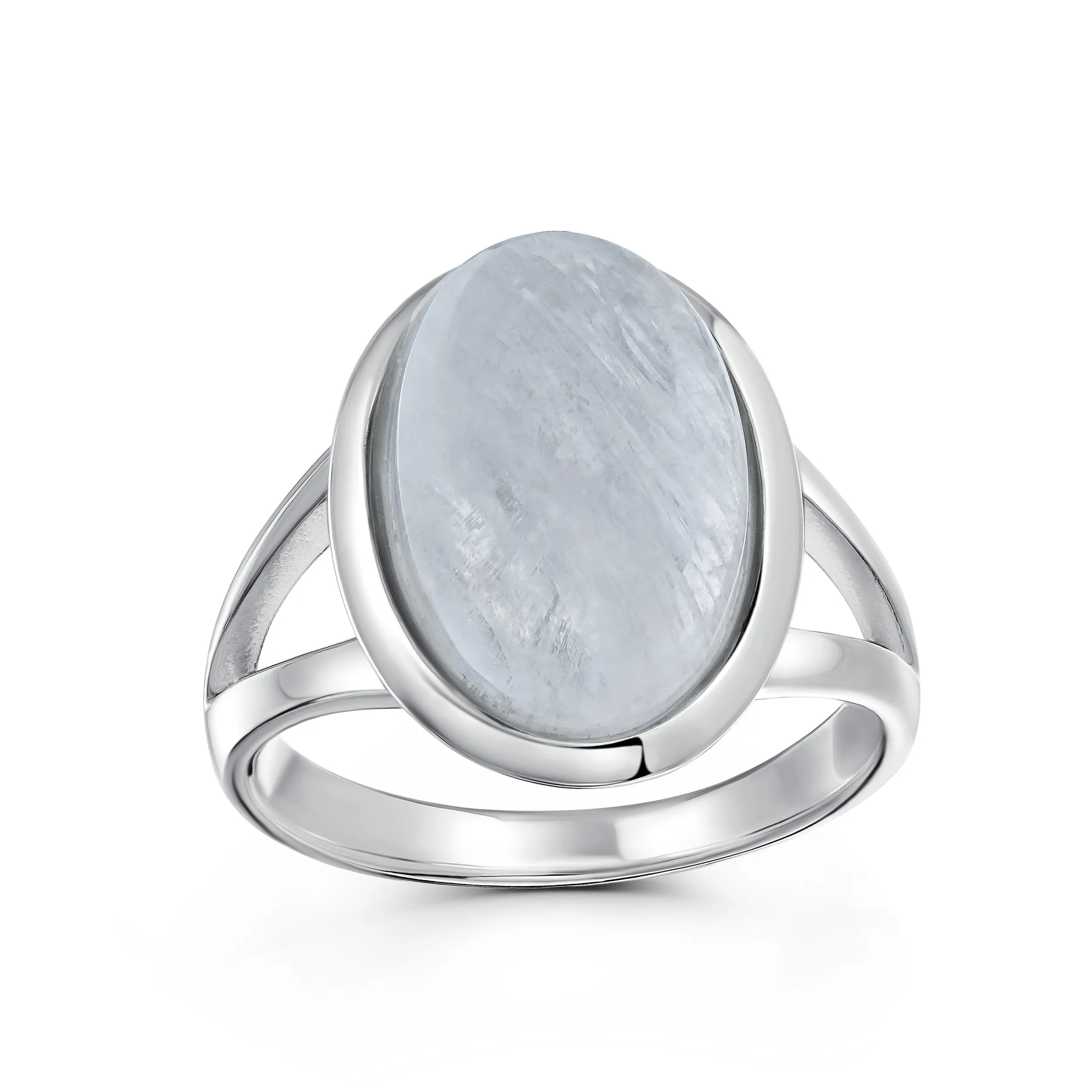 Oval Cabochon Moonstone Silver Ring with Split Shank Boho Statement Design