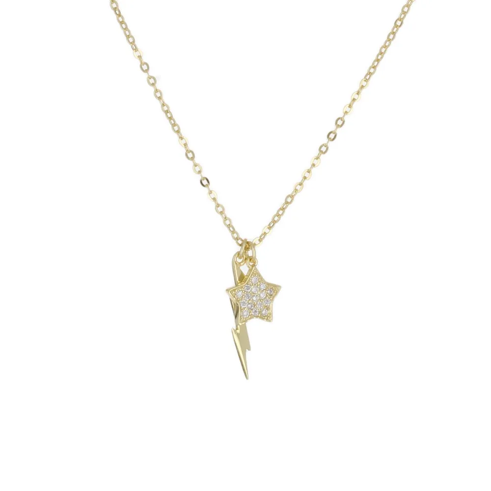 PAVE STAR & POLISH BOLT CHARM NECKLACE