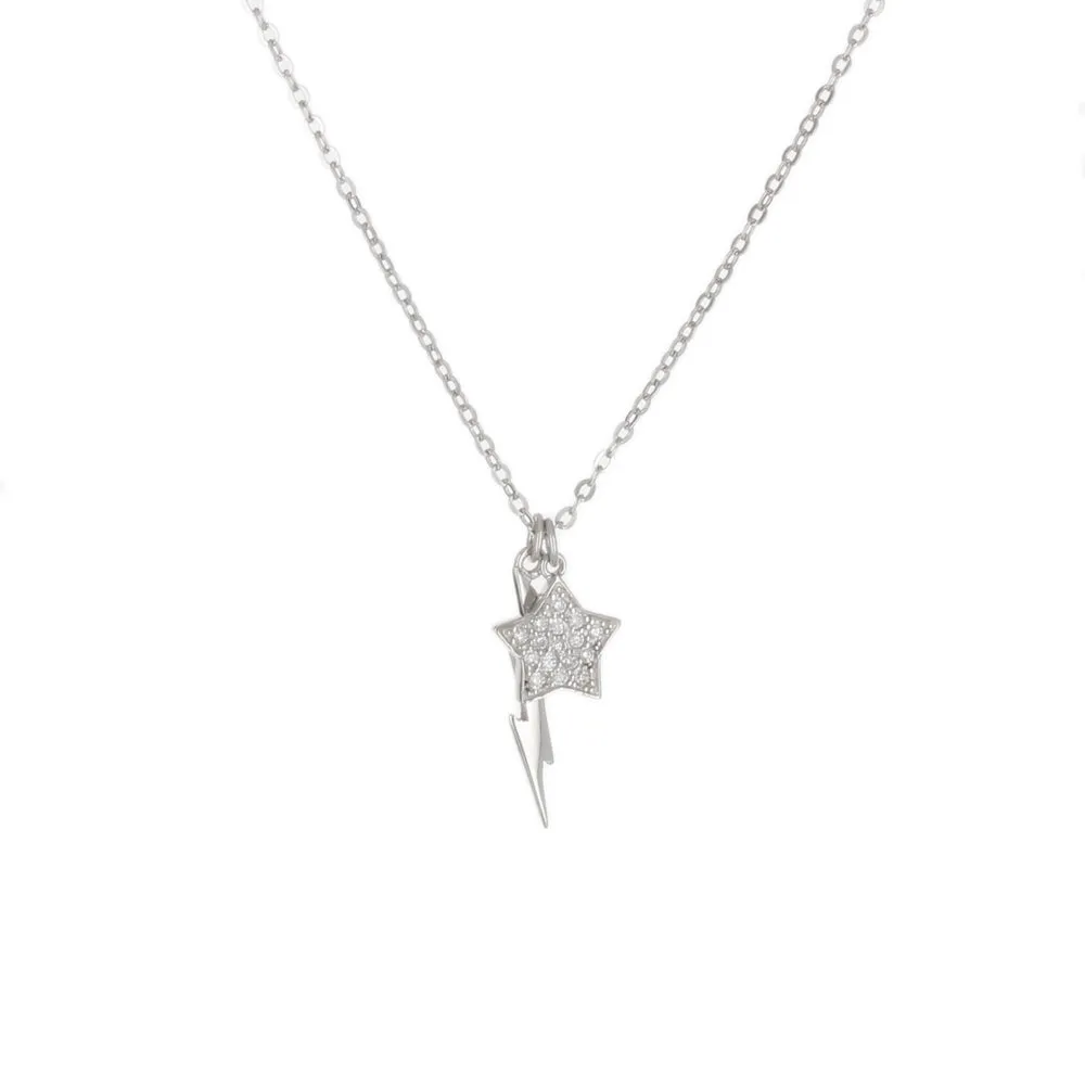 PAVE STAR & POLISH BOLT CHARM NECKLACE