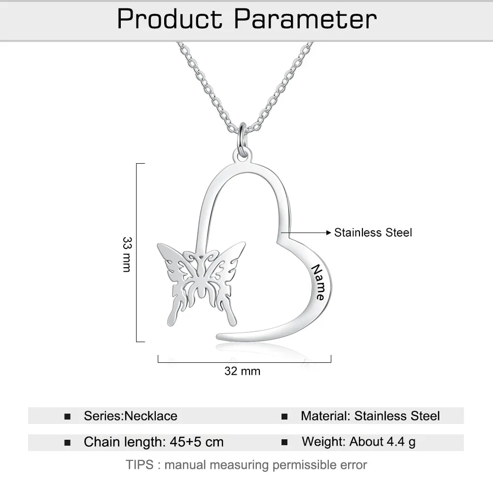 Personalized Butterfly Necklace with Name Engraving Women Customize Pendant Necklace Stainless Steel Jewelry