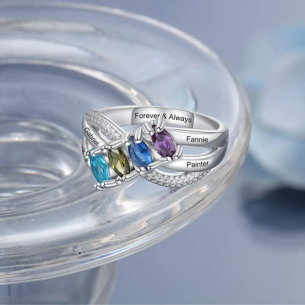 Personalized Family Name Engraved Rings with 4 Birthstones