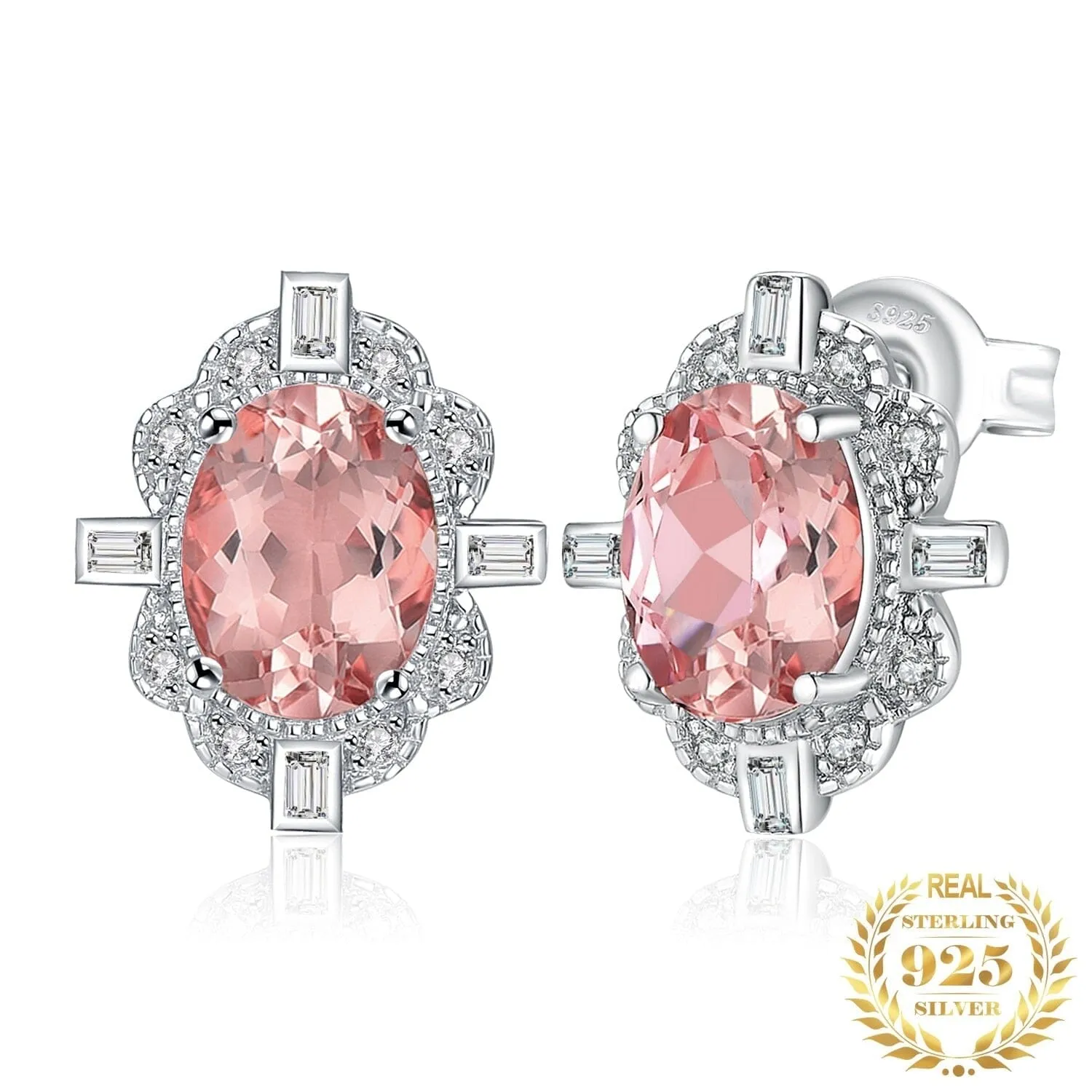 Pink Flower Oval Created Sapphire Earrings - 925 Sterling Silver