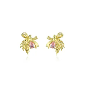 Pink Zircon Bowknot Silver Studs Earrings for Women