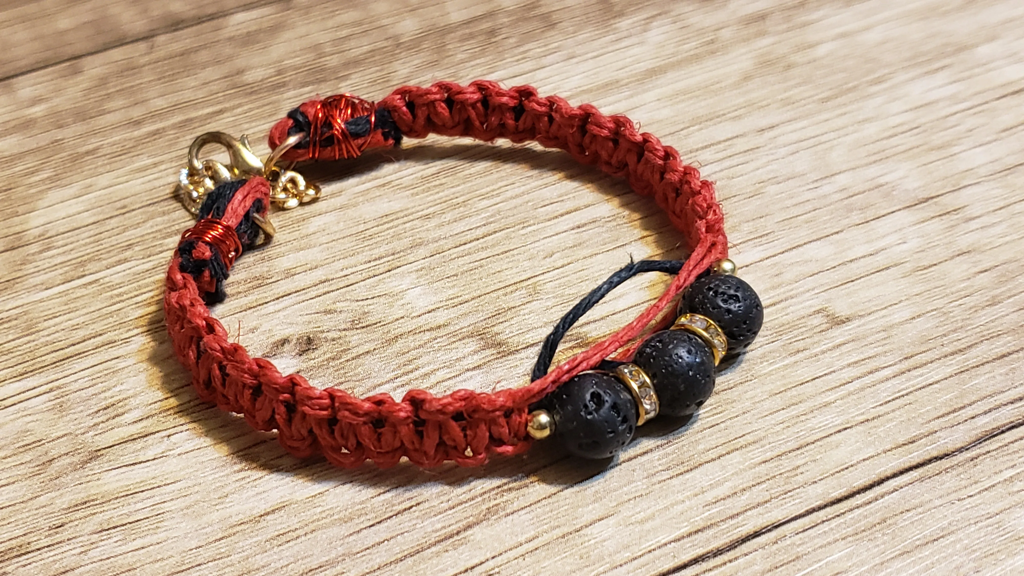 Red Natural Hemp Bracelet with Lava Rocks & Crystal Spacers. Adjustable Non Tarnish Gold Tone Chain with Lobster Claw Clasp