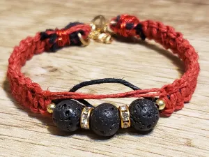 Red Natural Hemp Bracelet with Lava Rocks & Crystal Spacers. Adjustable Non Tarnish Gold Tone Chain with Lobster Claw Clasp