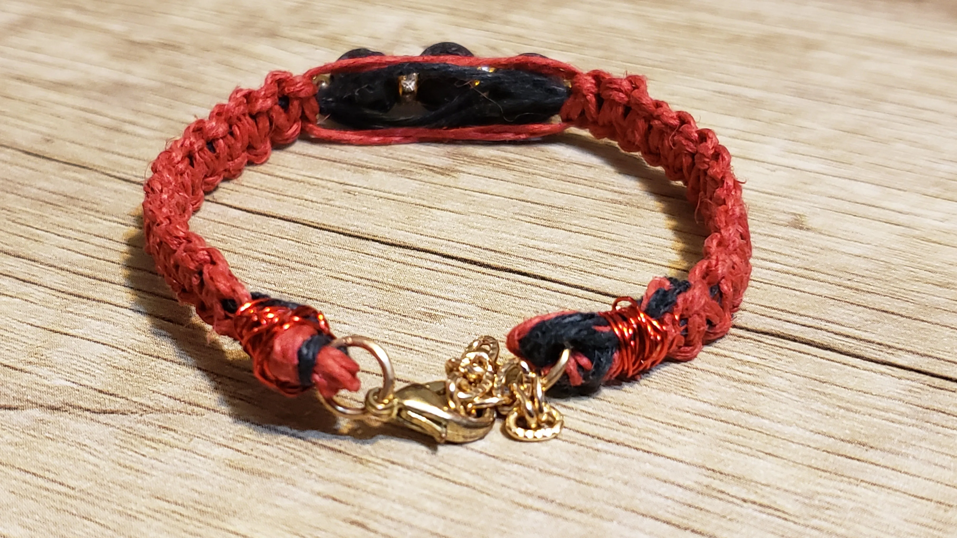 Red Natural Hemp Bracelet with Lava Rocks & Crystal Spacers. Adjustable Non Tarnish Gold Tone Chain with Lobster Claw Clasp