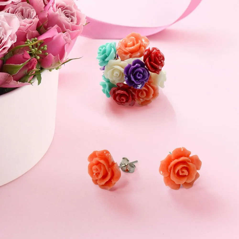 Romantic 3D Carved Rose Flower Post Stud Earrings in Various Colors, 10MM Lightweight