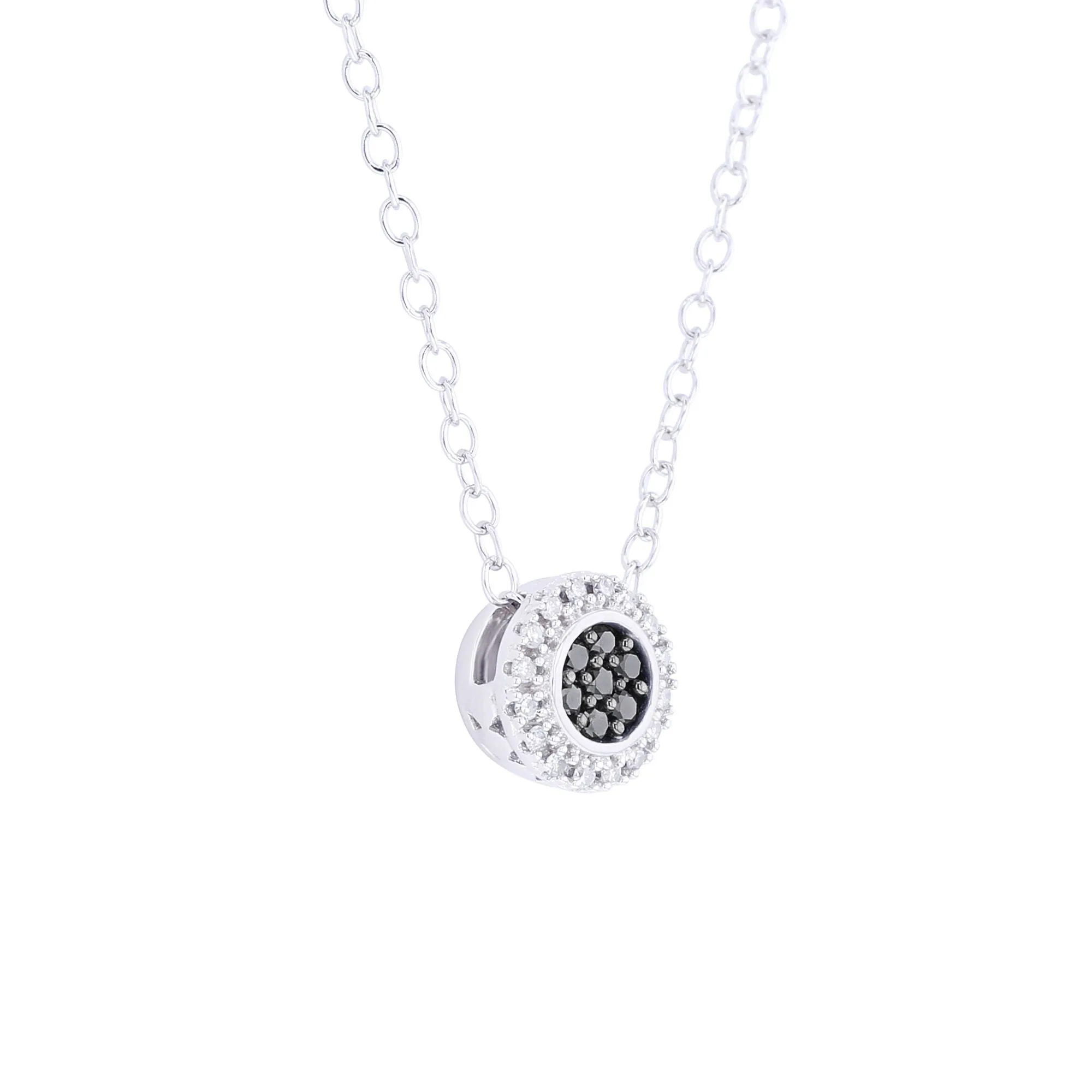 Silver Round Halo Black Diamond Slide Necklace