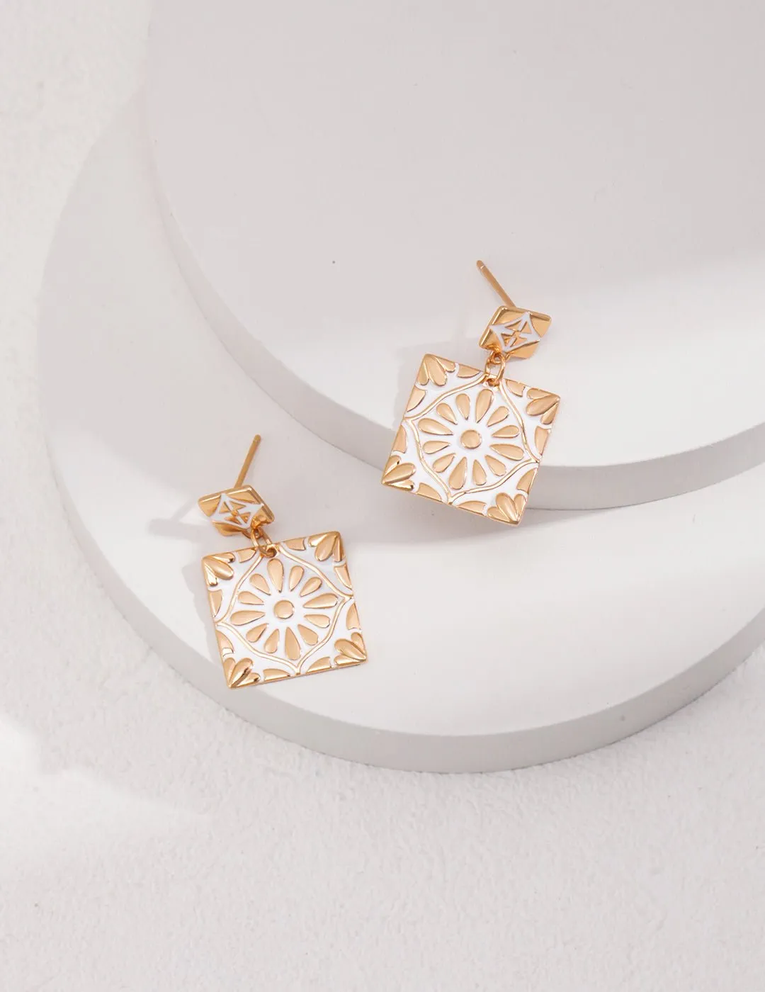 Square Drop Earrings with Enamel Glaze