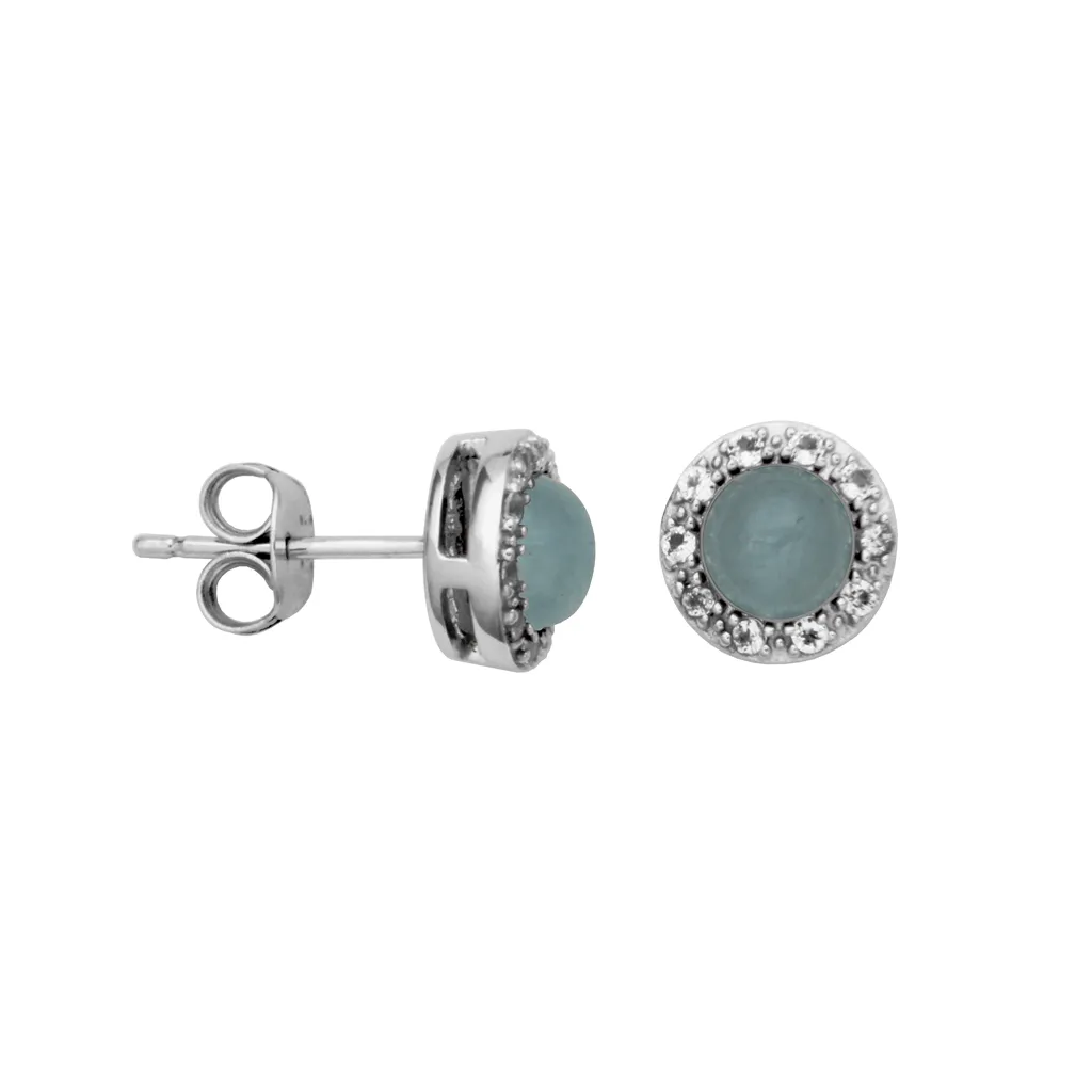 Sterling Silver Milky Aquamarine & White Topaz Halo Stud Earrings by Samuel B.