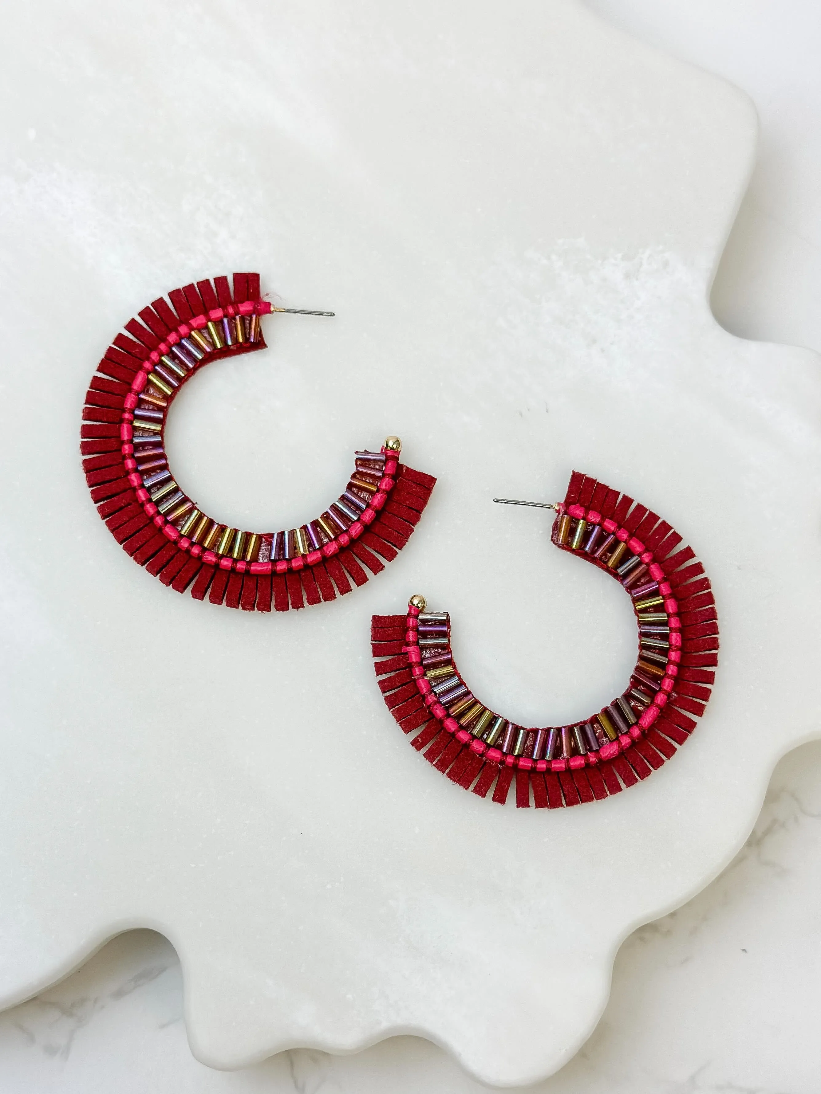 Suede Fringe Beaded Hoop Earrings - Burgundy