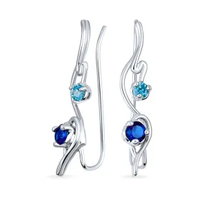 Swirl Wire Ear Cuff Cartilage Aqua Blue CZ Earrings Simulated Sapphire Silver