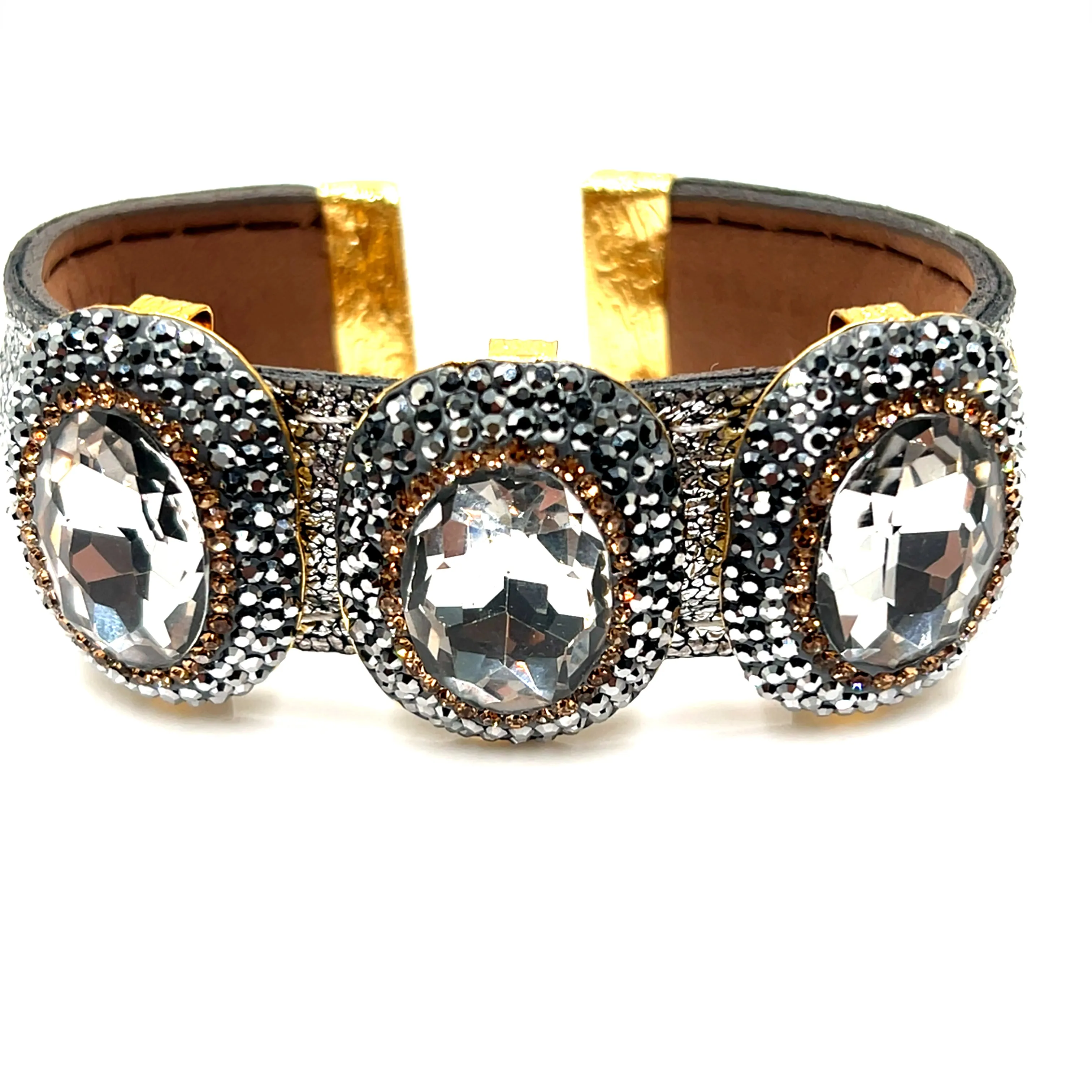 Triple Gemstone & Crystal Leather Cuff Bracelet