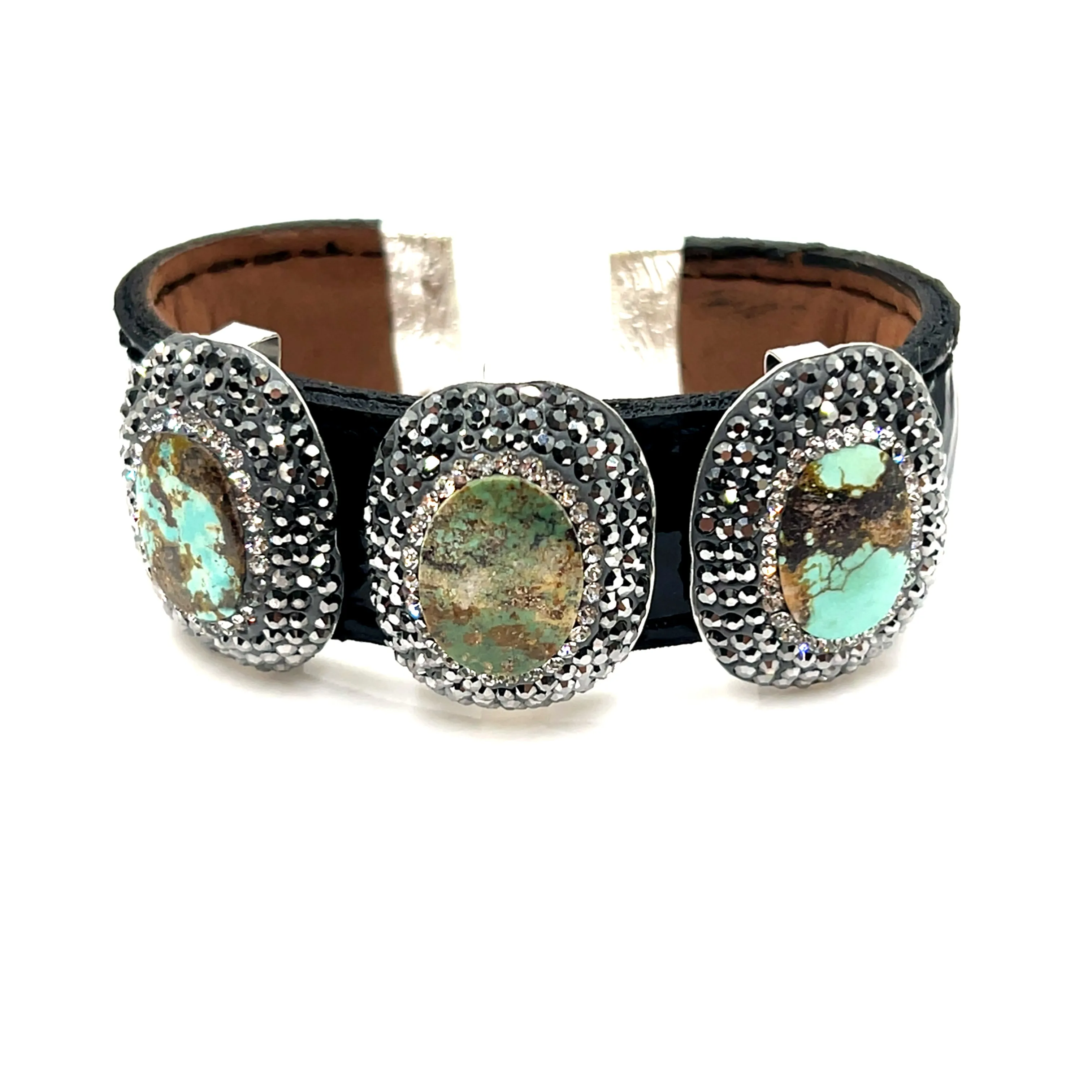 Triple Gemstone & Crystal Leather Cuff Bracelet