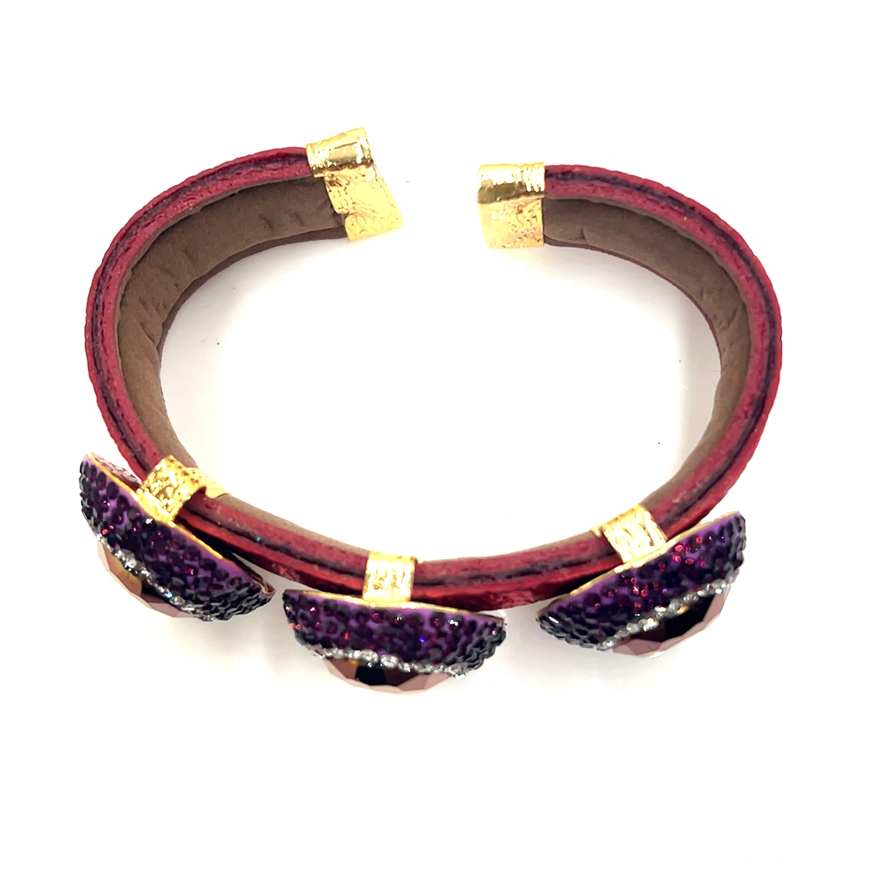 Triple Gemstone & Crystal Leather Cuff Bracelet