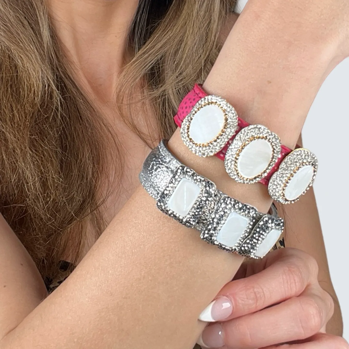 Triple Gemstone & Crystal Leather Cuff Bracelet