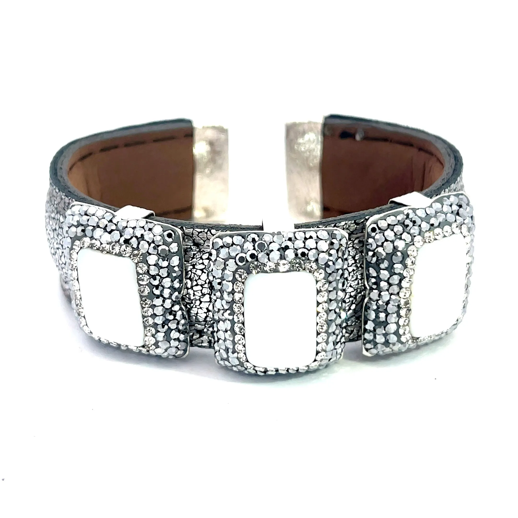 Triple Gemstone & Crystal Leather Cuff Bracelet