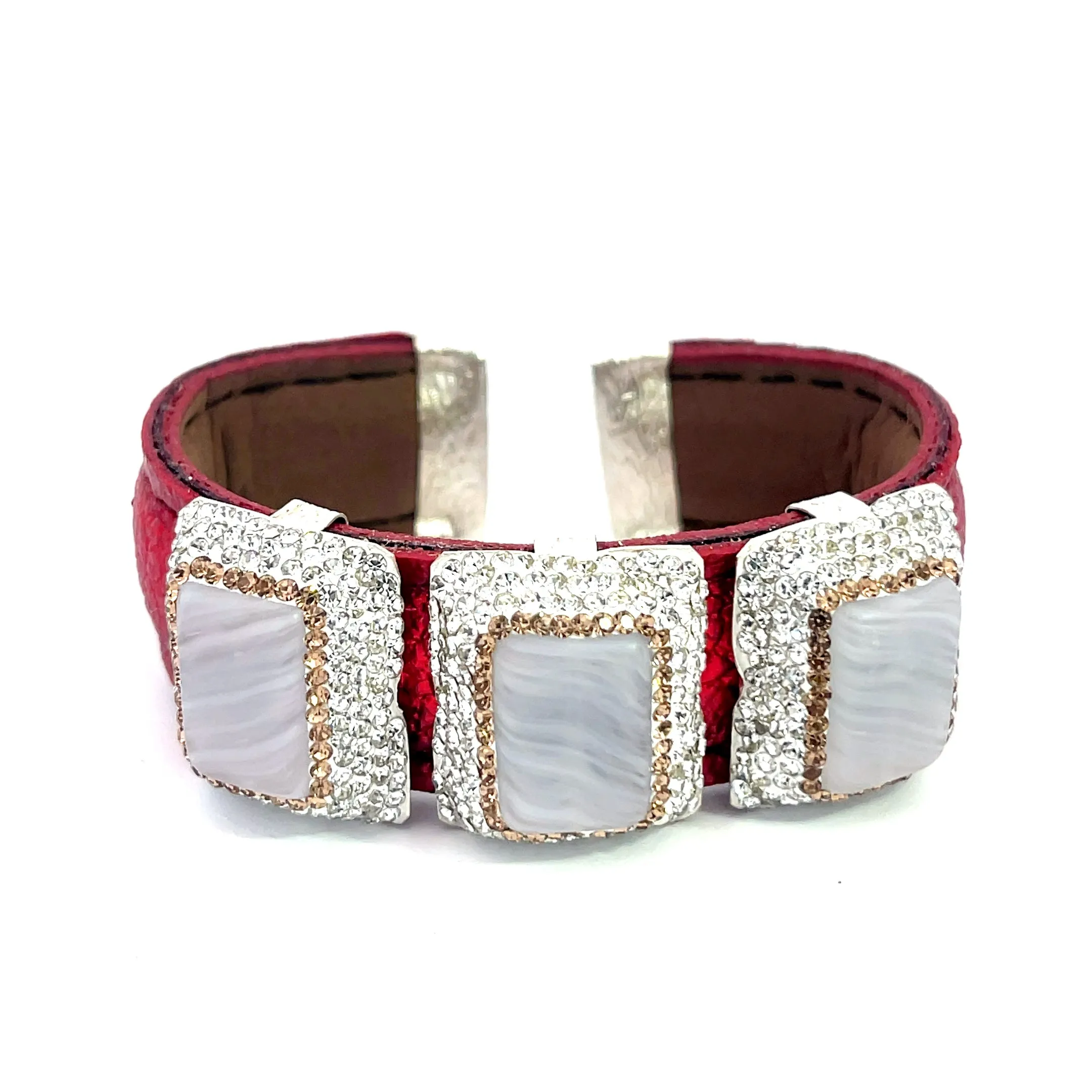 Triple Gemstone & Crystal Leather Cuff Bracelet