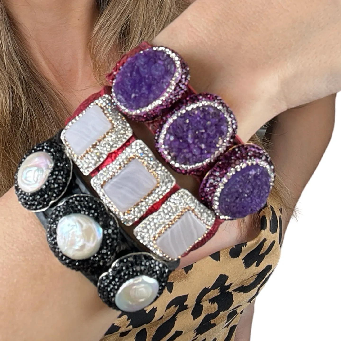 Triple Gemstone & Crystal Leather Cuff Bracelet