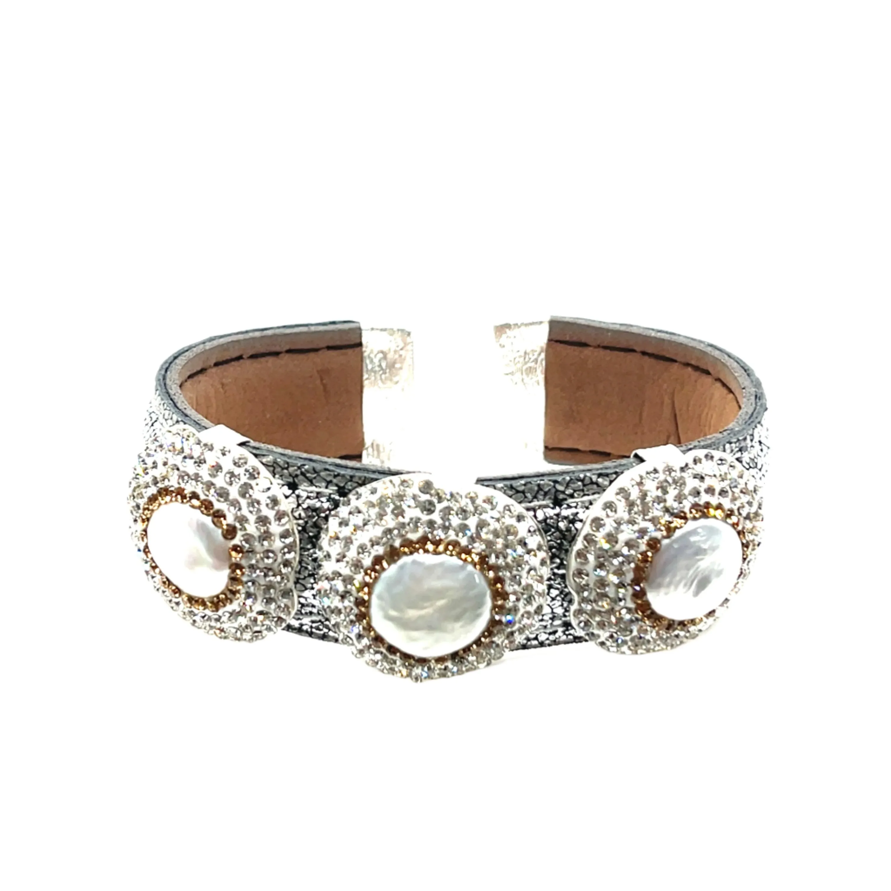 Triple Gemstone & Crystal Leather Cuff Bracelet