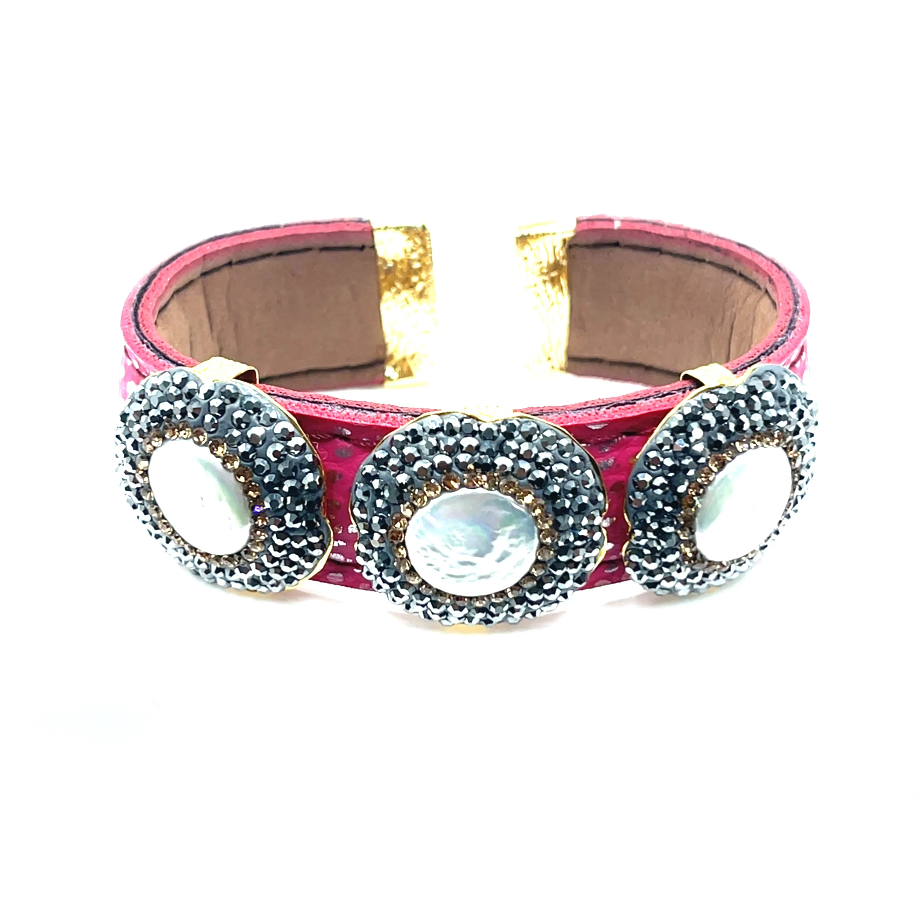 Triple Gemstone & Crystal Leather Cuff Bracelet