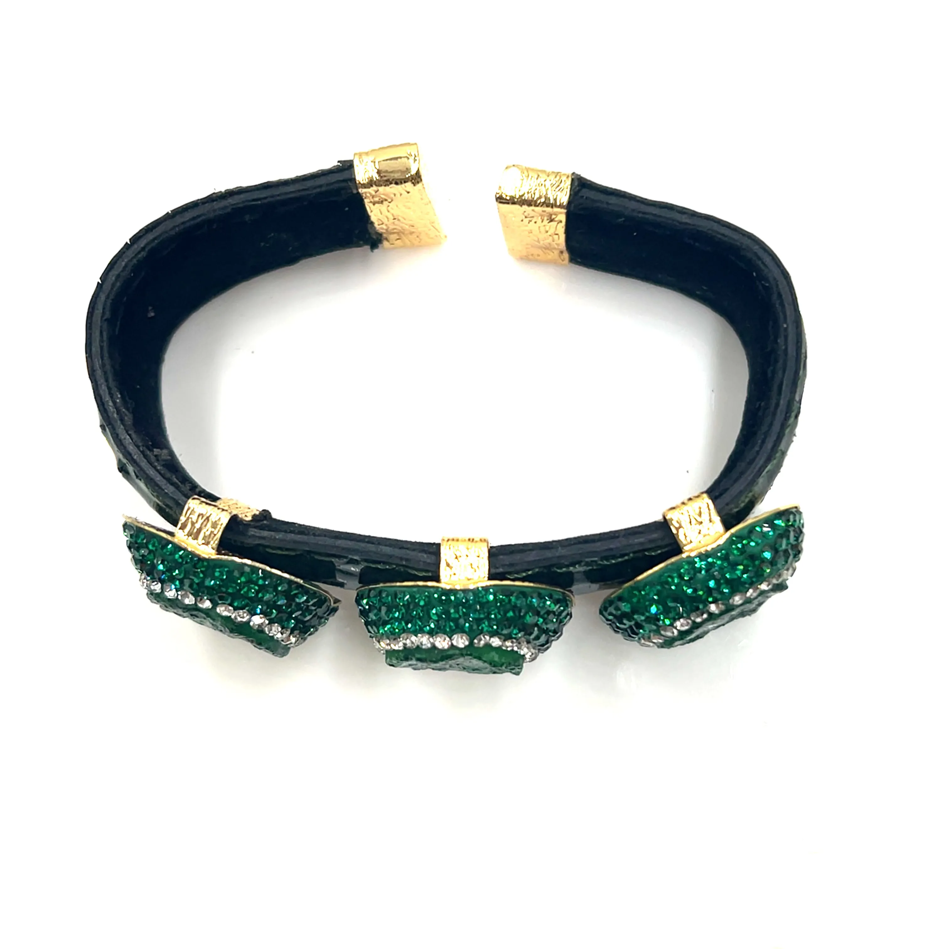 Triple Gemstone & Crystal Leather Cuff Bracelet