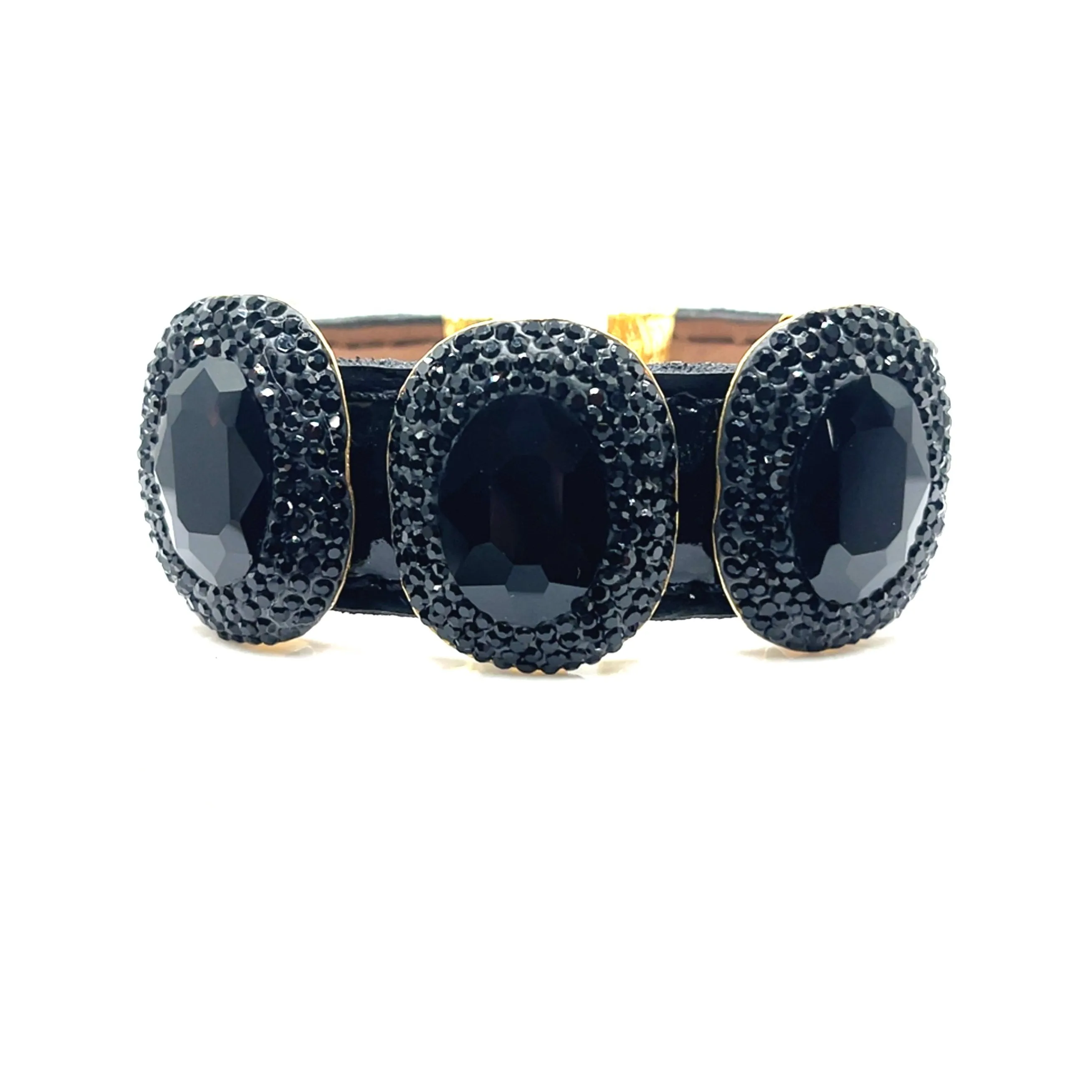 Triple Gemstone & Crystal Leather Cuff Bracelet