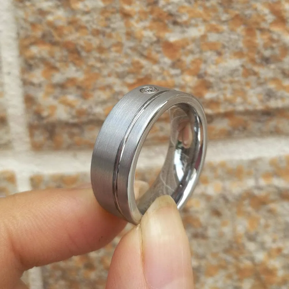 Tungsten Carbide Groove Line with White Created Diamond