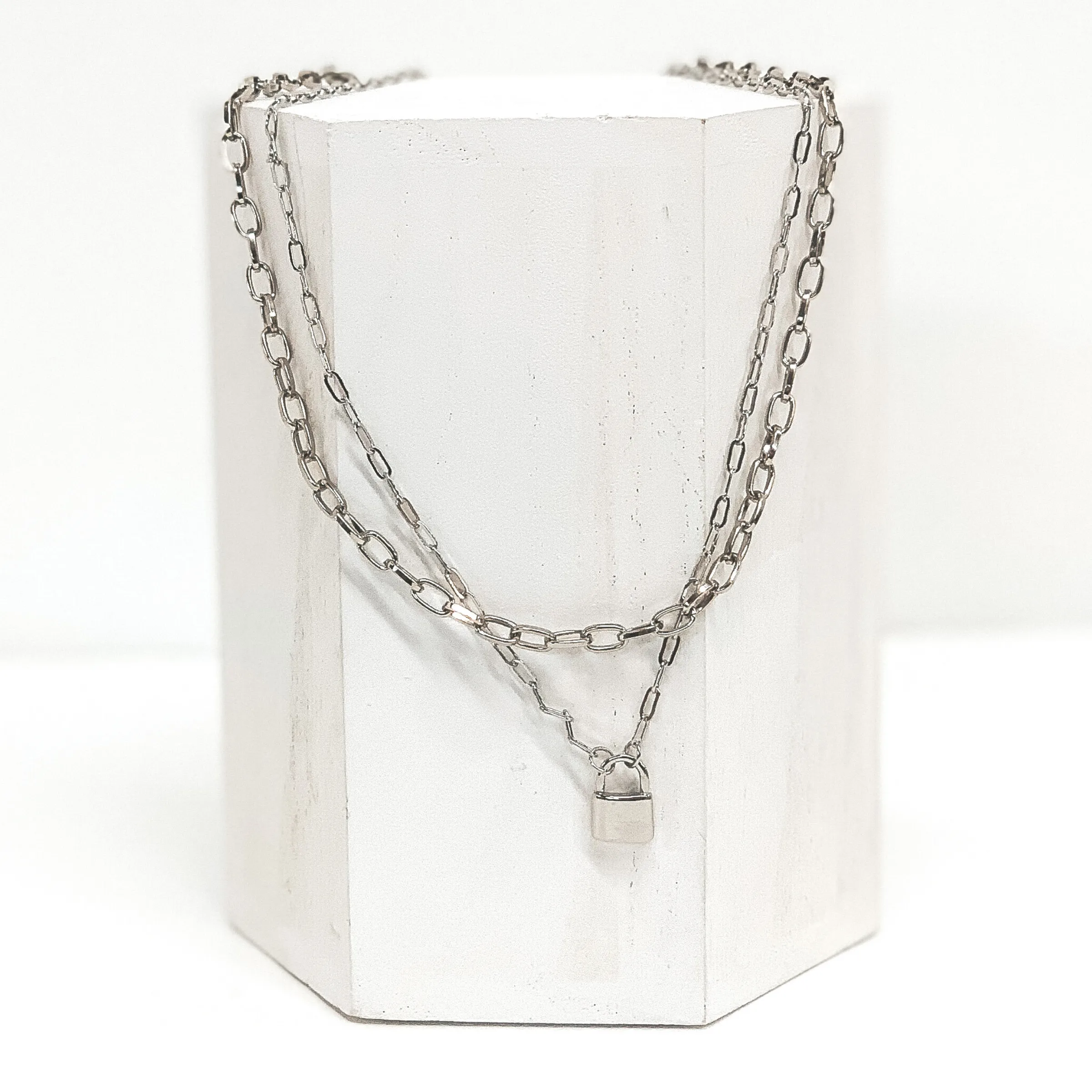 Two Strand Chain Link Necklace with Lock Charm in Silver