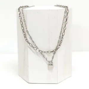 Two Strand Chain Link Necklace with Lock Charm in Silver