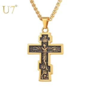 U7 Brand Christian Orthodox Crucifix Jesus Russian Cross Prayer Big Pendant Stainless Steel Silver/Gold Color Men Women Jewelry