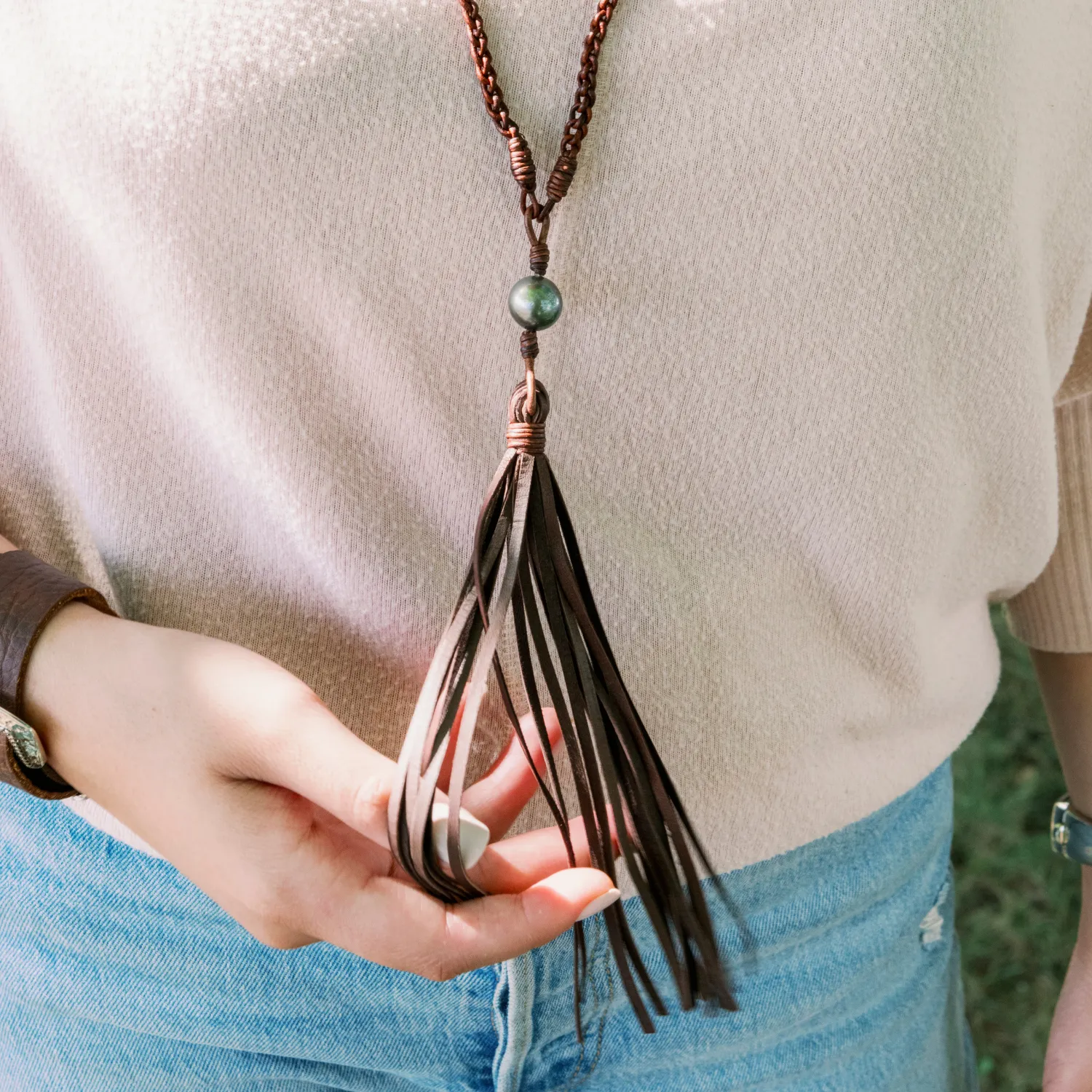 Vincent Peach 36-Inch Braided Brown Leather Tassel and Tahitian Pearl Necklace