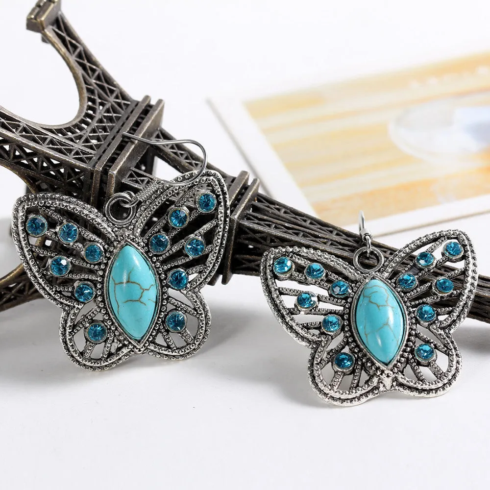 Vintage Blue Crystal Beads Turquoise Jewelry Tibetan Silver Butterfly Drop Earrings For Women Charms Stone Gem Earring