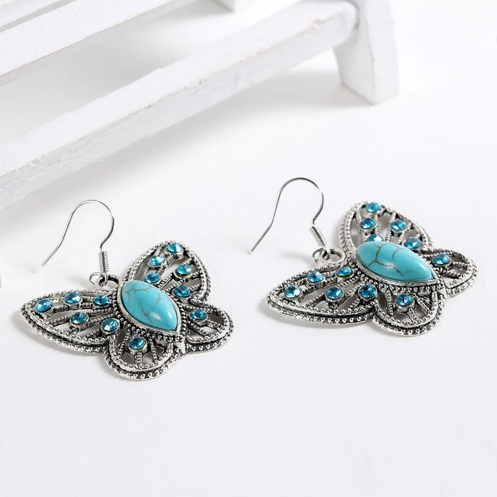 Vintage Blue Crystal Beads Turquoise Jewelry Tibetan Silver Butterfly Drop Earrings For Women Charms Stone Gem Earring