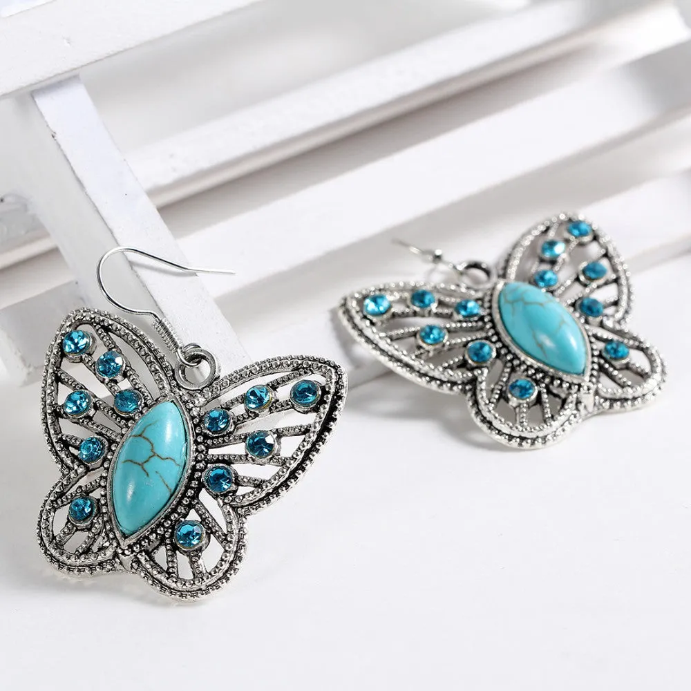 Vintage Blue Crystal Beads Turquoise Jewelry Tibetan Silver Butterfly Drop Earrings For Women Charms Stone Gem Earring