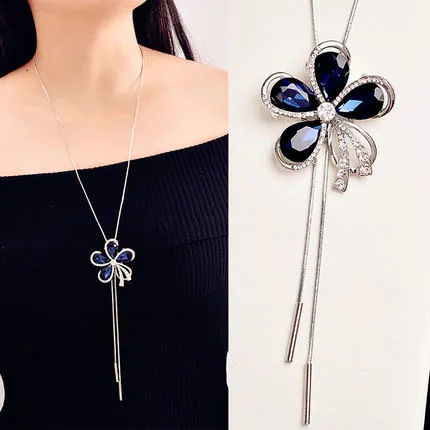 Vintage Geometrical Crystal Pendant Necklace Elegant Flower Tassel Sweater Chain OL Long Necklace Jewelry Female Accessories