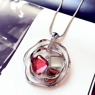 Vintage Geometrical Crystal Pendant Necklace Elegant Flower Tassel Sweater Chain OL Long Necklace Jewelry Female Accessories