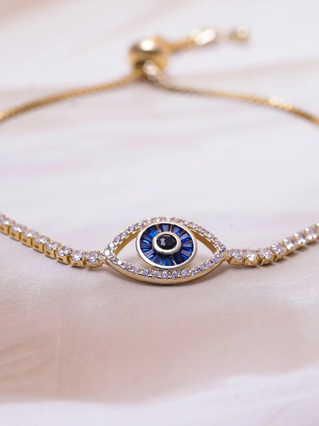 Voguish 22K Gold Plated AD & Cubic Zirconia Studded Evil Eye Charm Bracelet