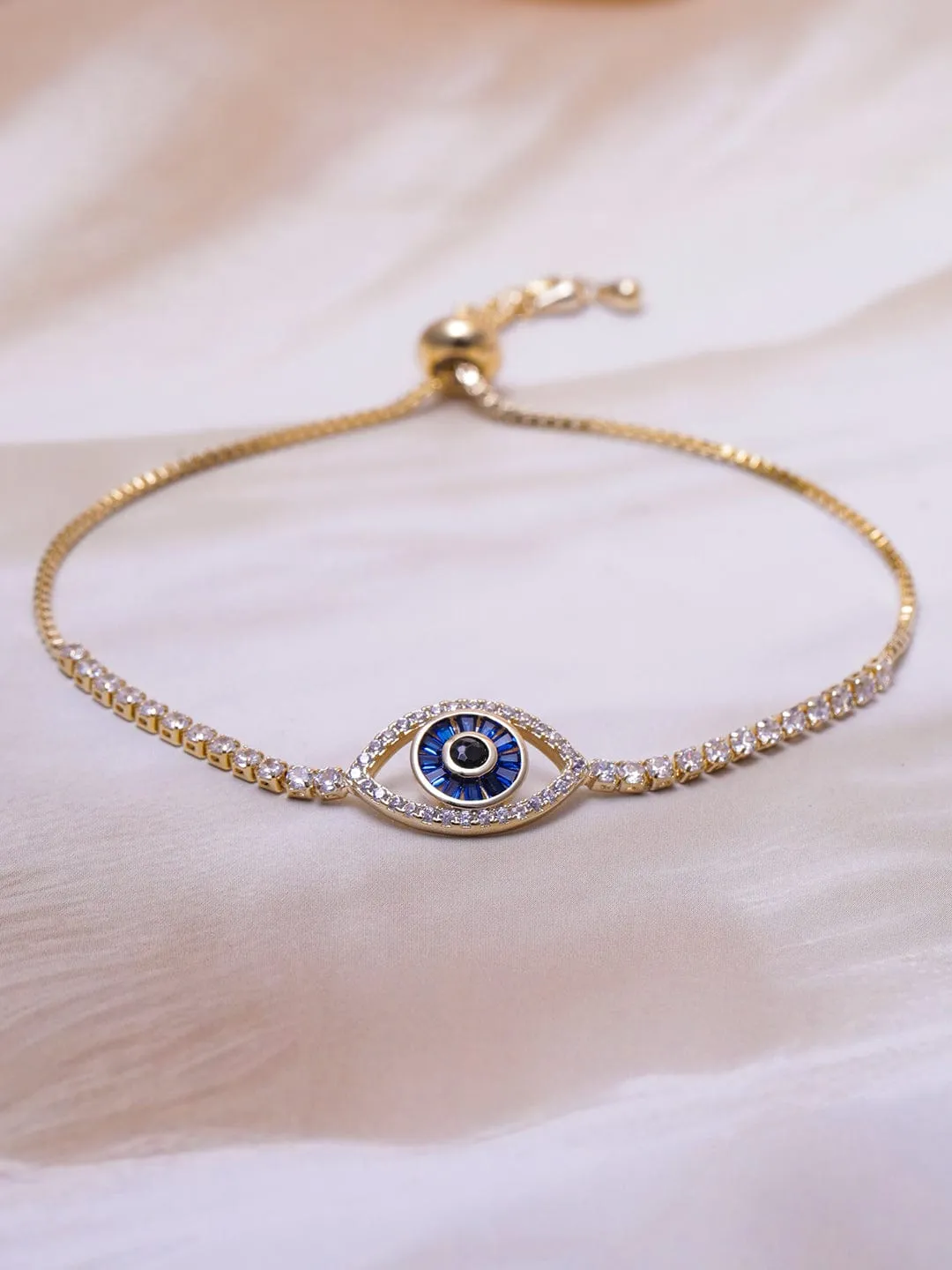 Voguish 22K Gold Plated AD & Cubic Zirconia Studded Evil Eye Charm Bracelet